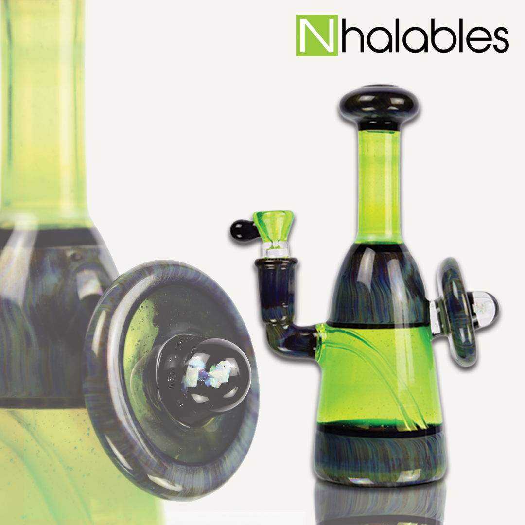 Nhalables Social Post showing a slyme green banger hanger by Geos Glass.