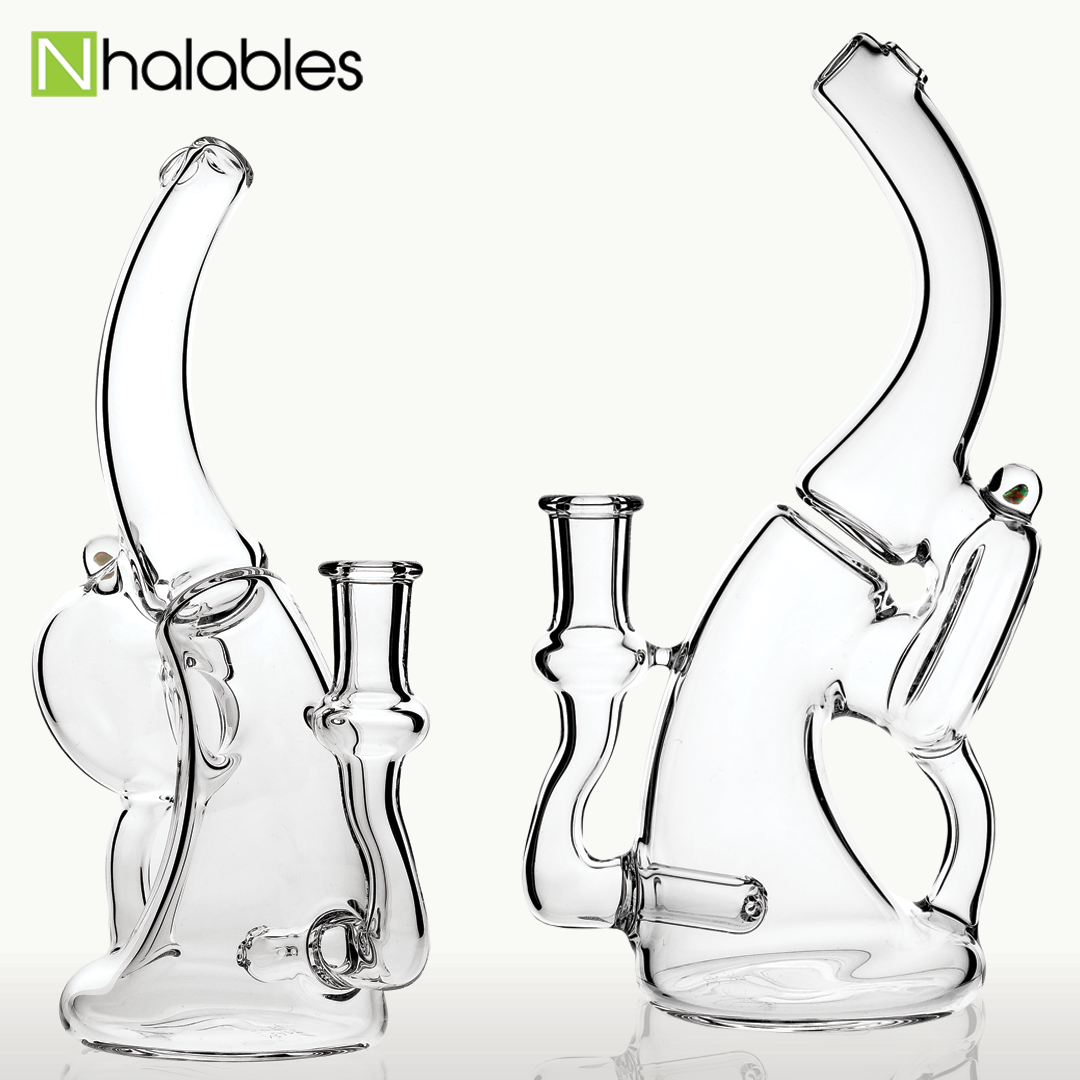 Nhalables Social Post Showing a Clear Bendar Recycler by Arizona Based artist and glassblower "Meademade Glass"