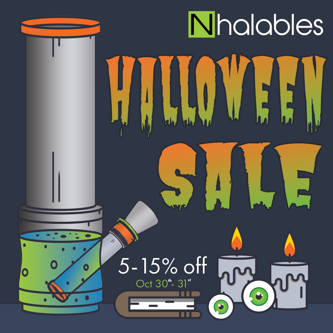 Nhalables Social Post for Our Halloween 2017 Sale.  Everything instore and Online 5-15% off.   Picture shows a clipart waterpipe and some spooky candles and loose eyeballs 