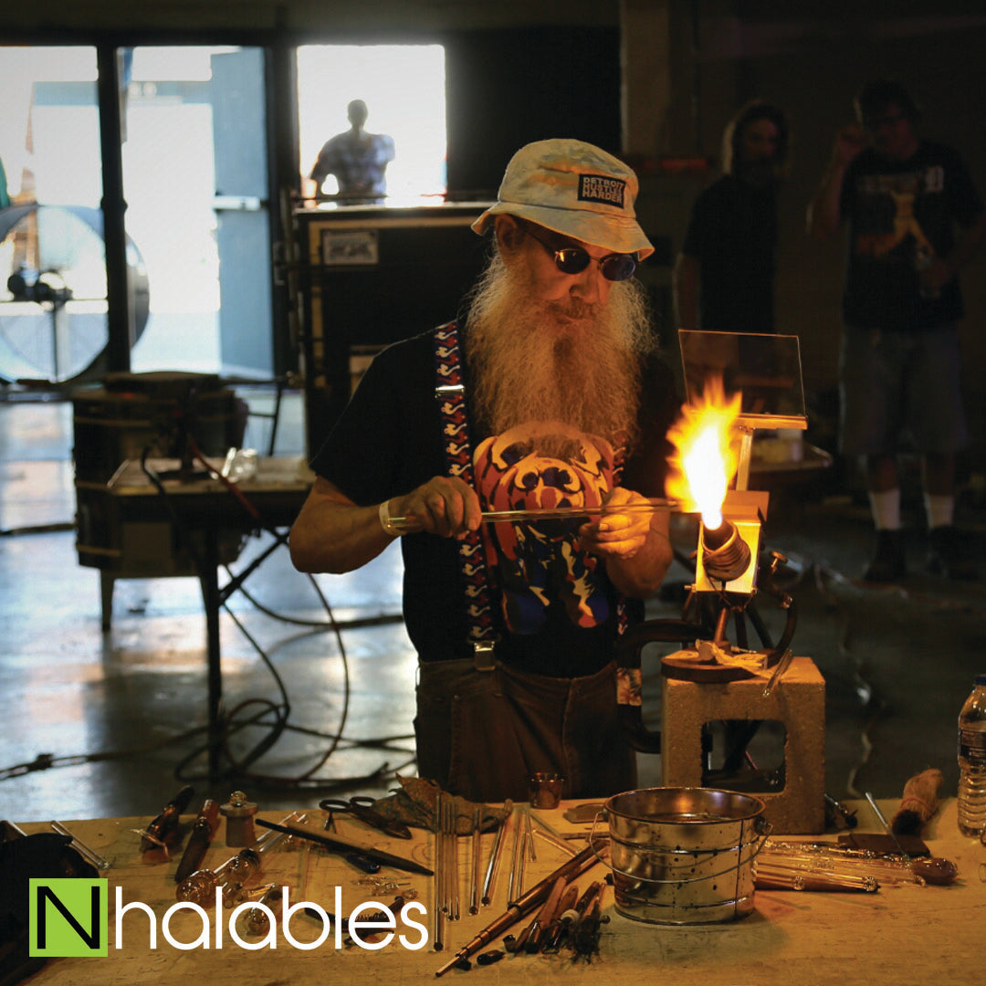 Nhalables Social Post showing Bob Snodgrass doing His Glassblowing Demo at Michigan Glass Project 2016 in Detroit Michigan