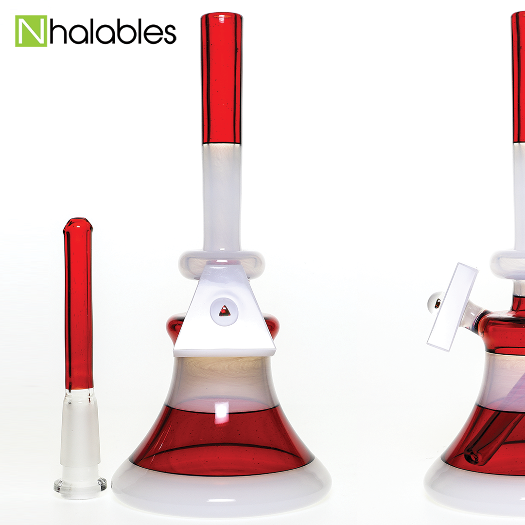 Nhalables Social post showing a Classic Pomegranate and Gluestick with Faceted Trapezoid by California Based Andy Roth Glass