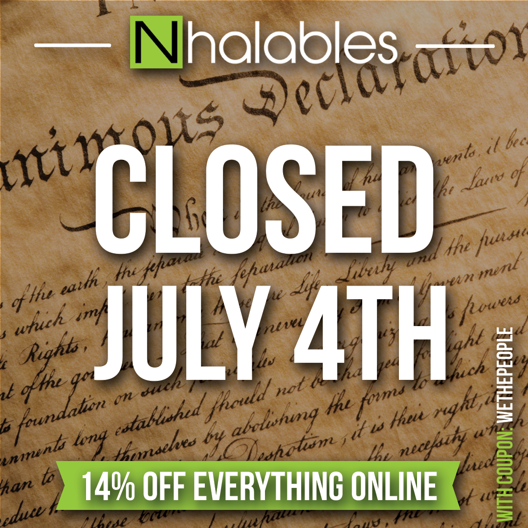 Nhalables Social Post Showing white text saying Closed July 4th 2018 with the Declaration of Independence behind it.  14% off with Coupon Code WETHEPEOPLE