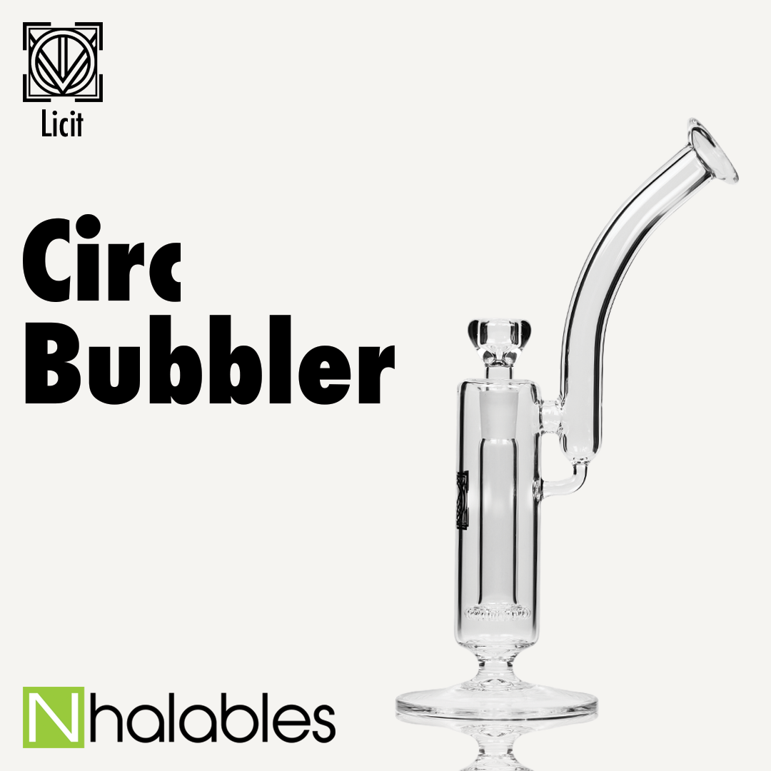 Nhalables Social Post showing a Licit Glass (Virginia, USA) Circ Bubbler on a plain beige backghround 